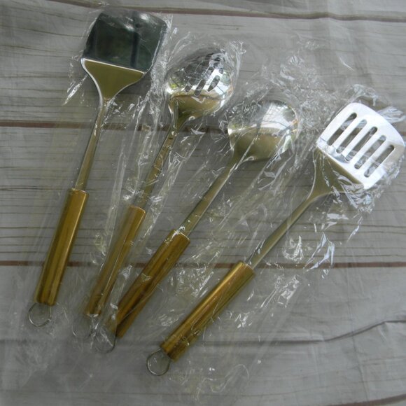 NEW BERGLANDER SILVER/GOLD 4 PC SERVING SPOON/SLOTTED/SPATULA SET - Picture 4 of 4